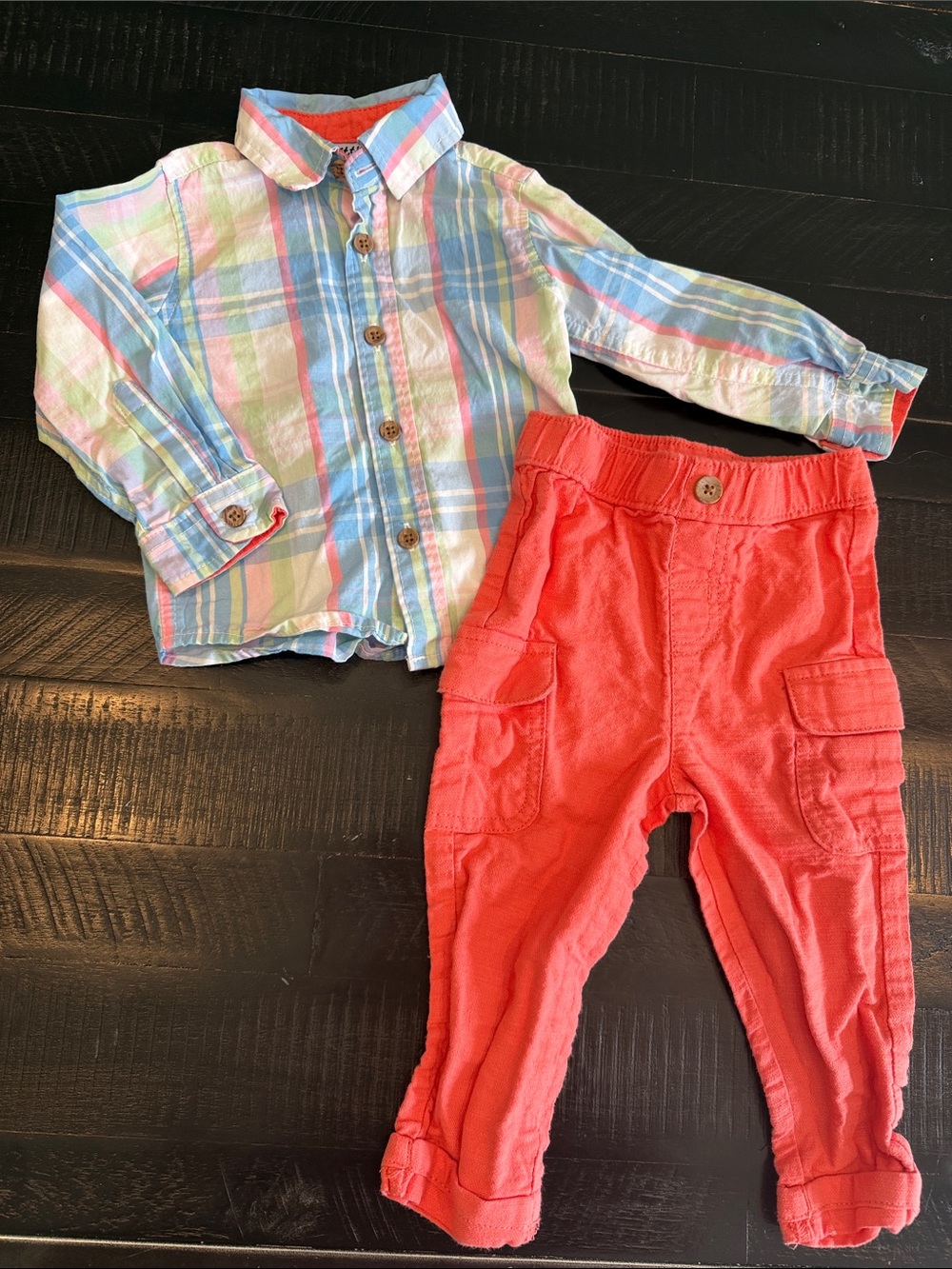 Baby Plaid Button-Down Shirt with Coral Cargo Pants